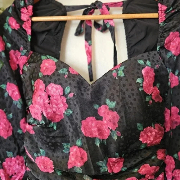 NWT Ronny Kobo Nora Dress S Black Pink Floral Silk Blend Ruched Bodycon Mini - Picture 6 of 15